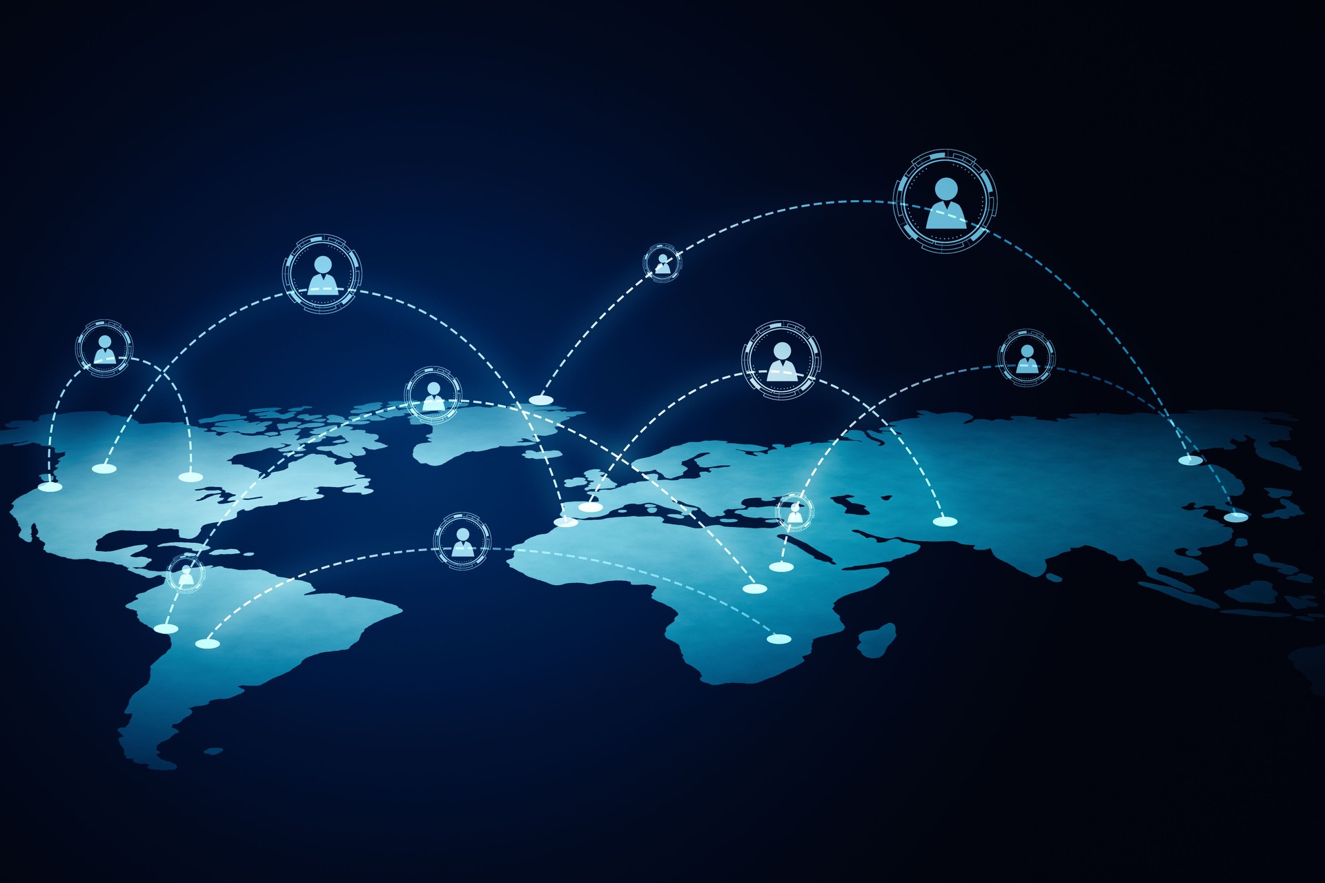 Remote work and social network concept with digital graphic user symbols connected by dotted lines hovering over world map on dark background. 3D rendering